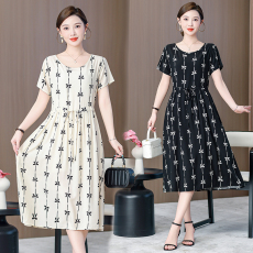 批发2024新款夏季棉绸<b class='q'>连衣裙</b>女<b class='q'>人造棉</b>绵绸印花收腰显瘦旅游沙滩长裙子