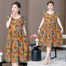 批发棉绸<b class='q'>连衣裙</b>女2024新款夏季<b class='q'>人造棉</b>绵时尚外穿中长款落肩袖碎花裙子