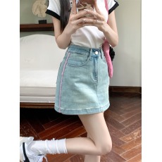 批发实拍 大码元气少女粉色皮牌设计弹力牛仔<b class='q'>半身</b>裙防走光时尚a字<b class='q'>短裙</b>