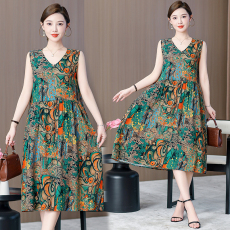 批发2024新款棉绸时尚外穿<b class='q'>连衣裙</b>无袖海边度假休闲A字版型<b class='q'>人造棉</b>长裙