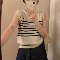 批发韩系百搭条纹针织无袖<b class='q'>秋</b>季2024新款宽松小马刺绣软糯叠穿背心上衣