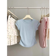 批发纯棉罗纹甜辣抽褶收腰短袖T恤女修身显瘦短款打底小衫上衣