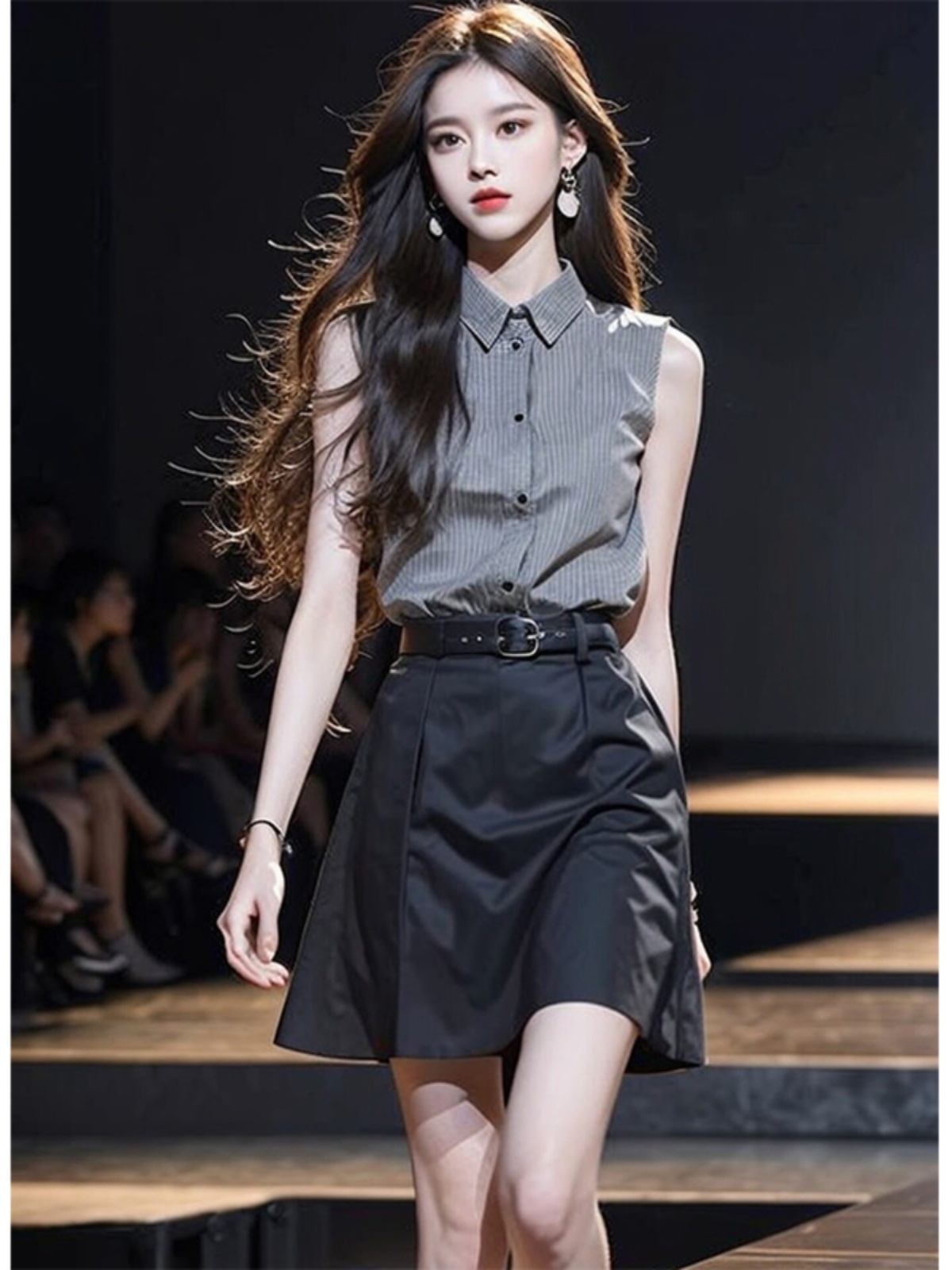 여름 드레스 코디 전체 집합 패션 작은 샤넬 스타일 캐주얼 품격 회색 민소매 셔츠 맨위 반신 치마 세트 여성