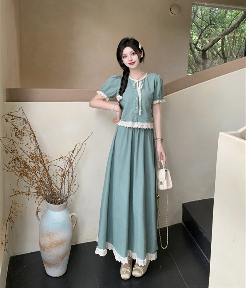 MY11551# 系带蕾丝花边短袖牛仔上衣半身裙两件套大码胖mm气质显瘦套...