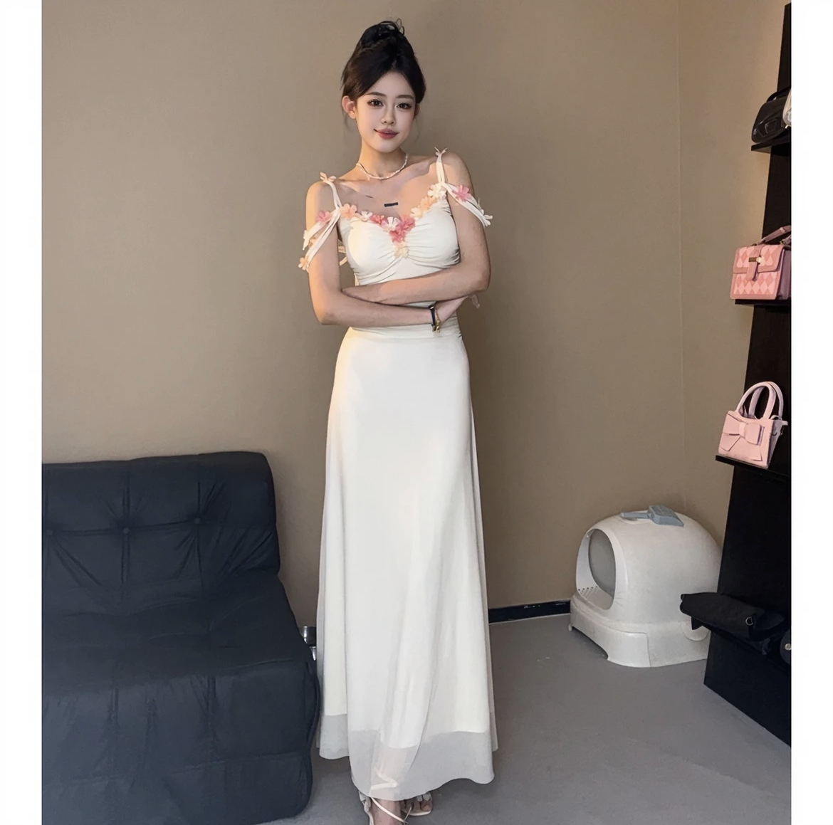 TR76328# 花仙子法式设计感花朵吊带连衣裙超仙收腰长裙