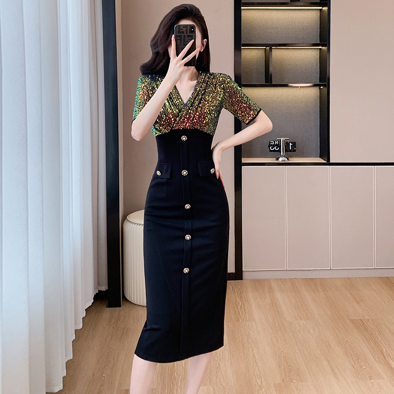 FA30991# 夏季V领时尚亮片名媛修身包臀轻奢气质连衣裙 服裝批發女裝批發服飾貨源