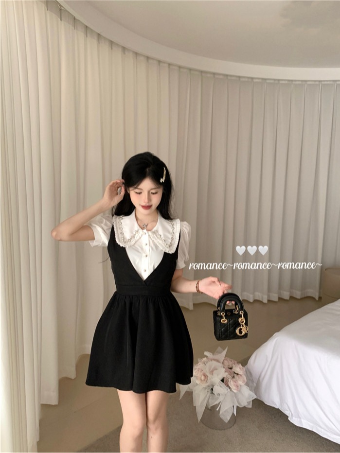 FA35251# 新款水钻重工泡泡袖衬衣+高品质纯色背带裙 服裝批發女裝批發服飾貨源