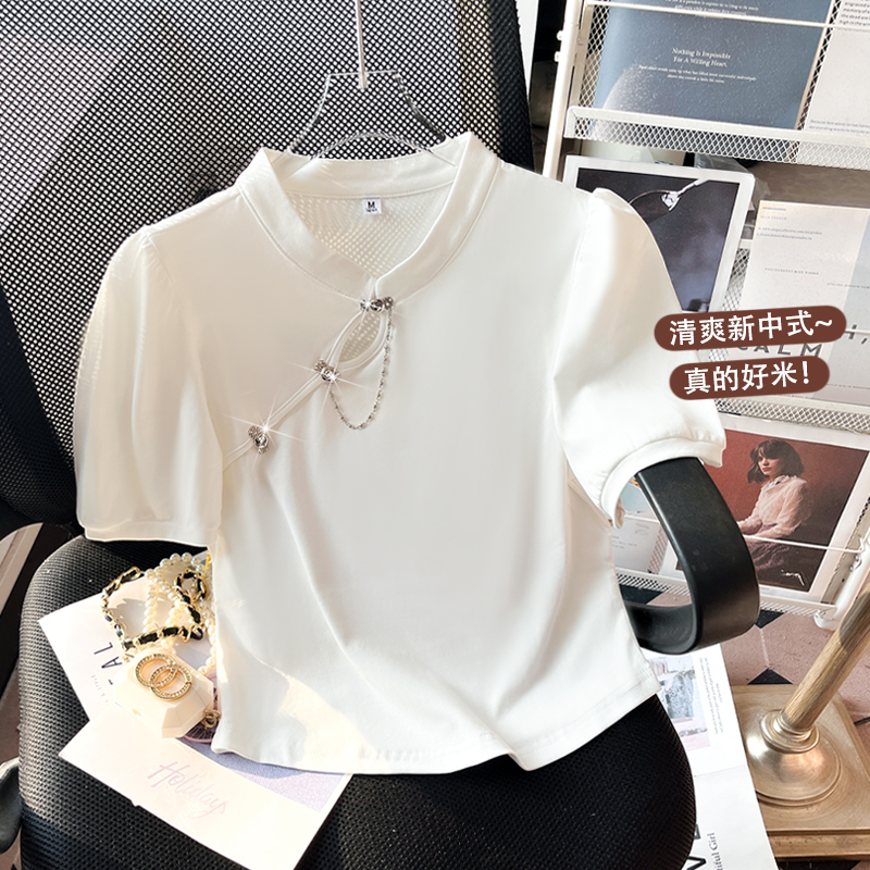 LN37724# 高品质新中式国风复古短款上衣修身设计感泡泡袖T恤 服裝批發女裝批發服飾貨源