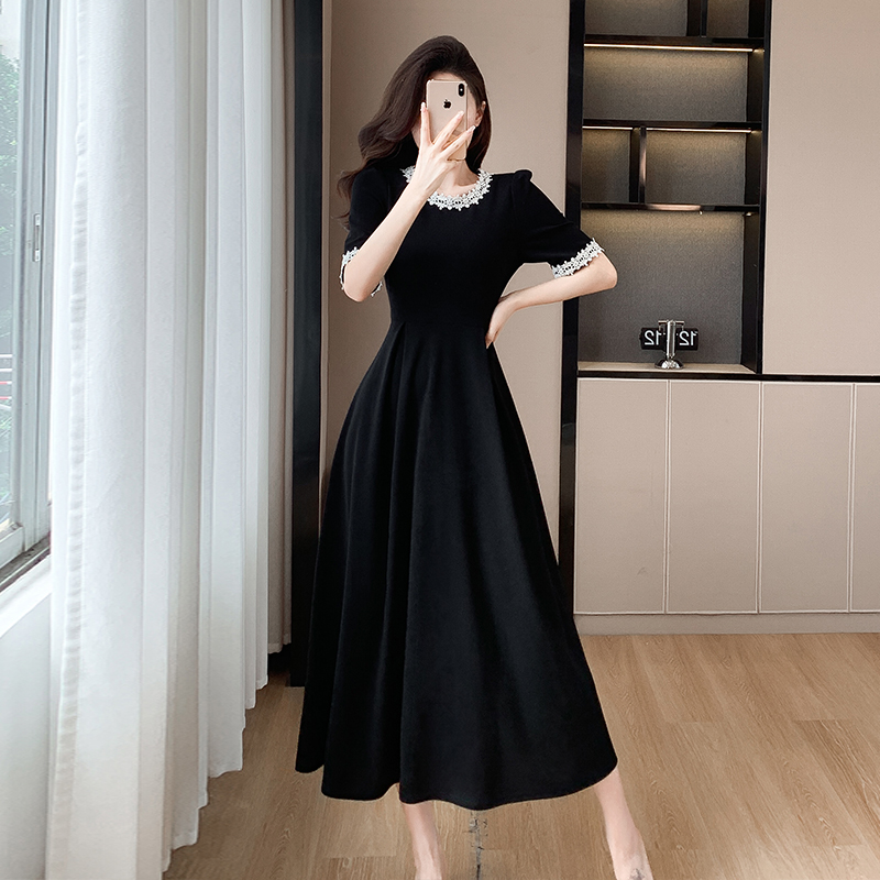 LN37085# 蕾丝边短袖长款连衣裙女新款高级感显瘦长裙黑色裙子 服裝批發女裝批發服飾貨源