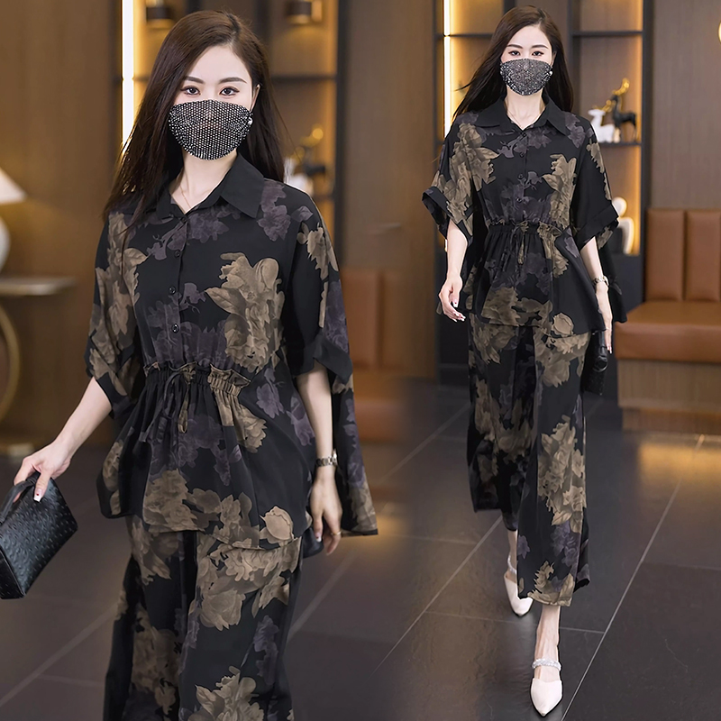 MY11772#夏季新款胖MM时尚套装大码宽松遮肉花色上衣阔腿长裤两件套女