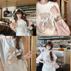 批发直播质量毛巾绣蝴蝶结<b class='q'>饰品</b>纯棉200g包领#小熊短袖T恤女夏<b class='q'>宽松</b>上衣