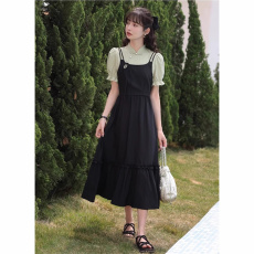 批发大码洋气减龄法式连衣裙女<b class='q'>夏</b>胖mm遮肚显瘦黑色假两件裙子
