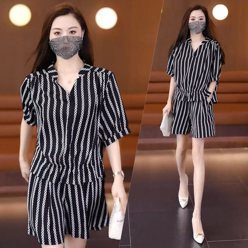 MY3789# 大码女装套装新款洋气时尚上衣宽松遮肉显瘦短裤两件套女裝貨源服裝批發