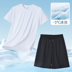 批发男士运动套装<b class='q'>夏</b>季短袖冰丝t恤短裤健身跑步休闲晨跑服女情侣套装