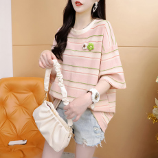 批发首发实拍 抖音质量纯棉后包领大码女装立体花朵条纹短袖t恤女