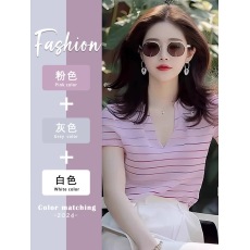 批发<b class='q'>大牌</b>外贸<b class='q'>原</b><b class='q'>单</b>女专柜撤回拼色条纹短袖T恤小众欧货小衫独特上衣夏