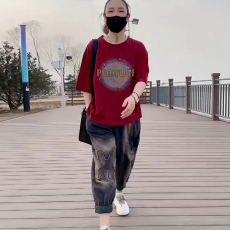 批发官图时尚两件套<b class='q'>装</b>女2026年夏季新款印花T恤+水洗牛仔哈伦<b class='q'>裤</b><b class='q'>显瘦</b>潮