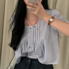 批发已出货 韩系温柔甜美少女蓝色条纹花边拼接衬衫