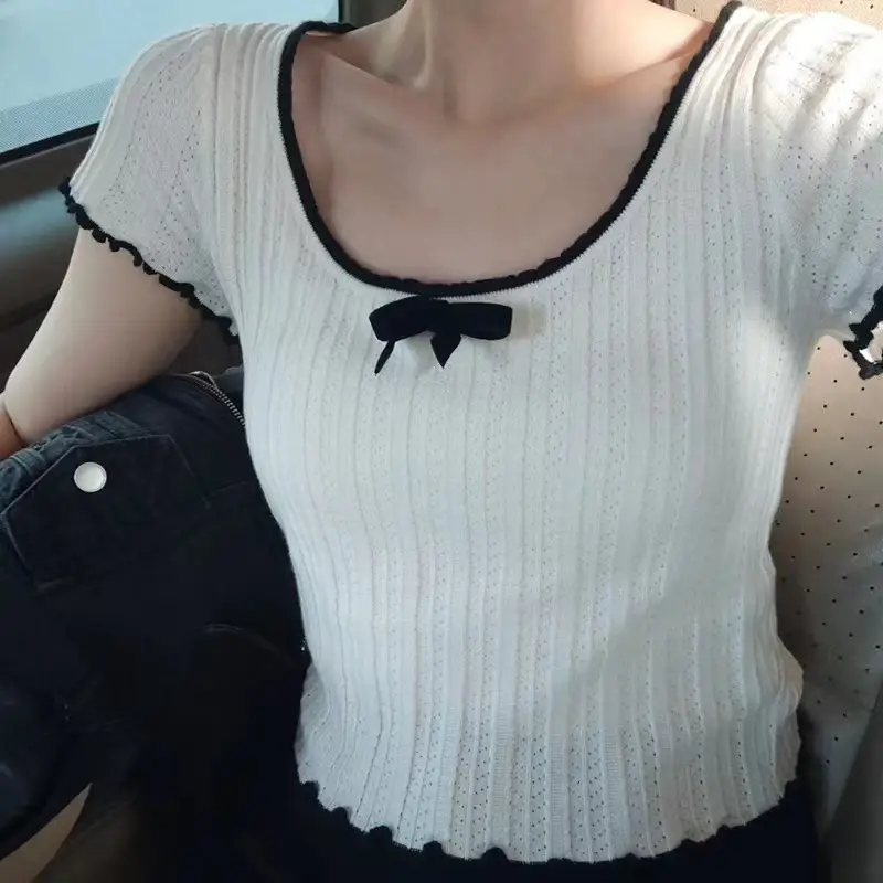나비 리본 아이보리 반소매 니트 상세 이미지 6