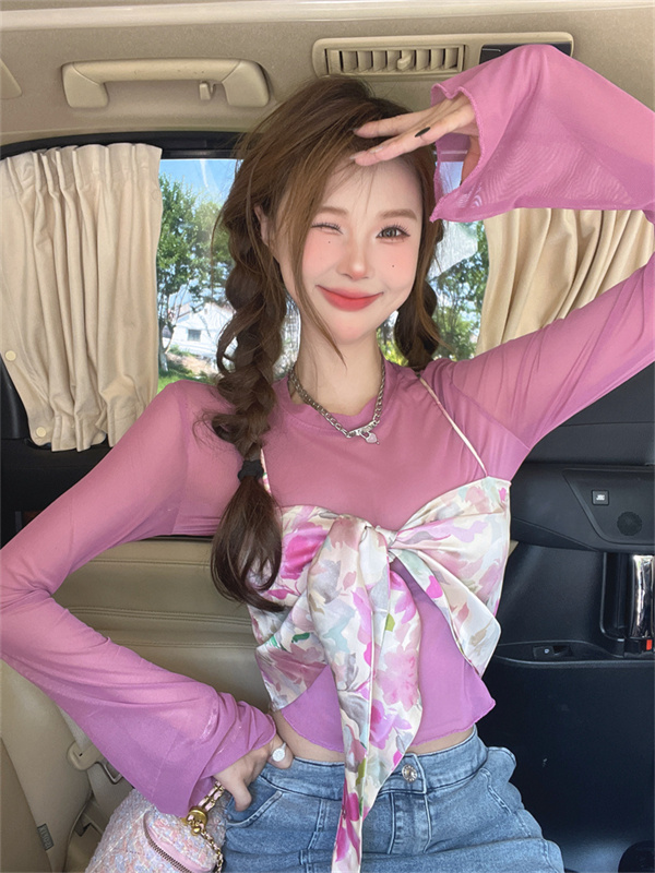 실사 정가 레트로 보라색 꽃무늬 새틴 슬립 여성 디자인 센스 작은 대중 연령 감소 마이크로 ~을 통해 태양 보호 셔츠 투피스 세트