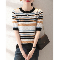 批发高端<b class='q'>原</b><b class='q'>单</b>上衣<b class='q'>大牌</b>出口清仓撤柜商场同款撞色条纹螺纹拼接短袖T恤