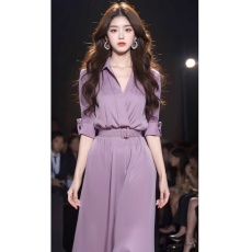 批发春秋新款洋气长裙女装高端精致法式高级气质时尚紫色<b class='q'>连衣裙</b>