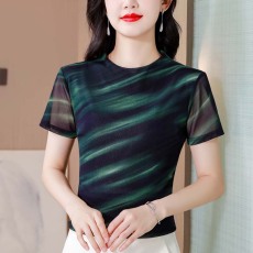 批发实拍2026夏季新款韩版修身半高领网纱印花上衣桑蚕丝短袖<b class='q'>打底衫</b>女