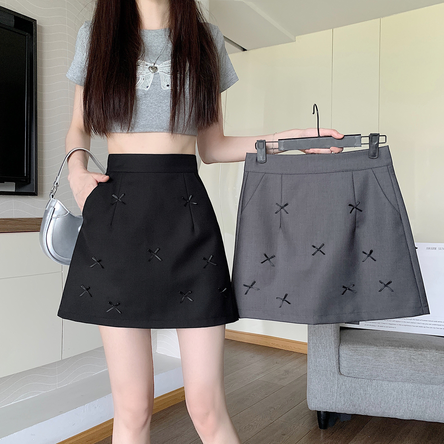 FA31303# 灰色蝴蝶结半身裙女夏季短款裙子西装裙包臀裙一步裙短裙 服裝批發女裝批發服飾貨源
