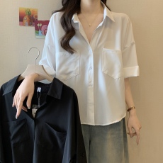 批发实拍<b class='q'>大码</b>女装新款衬衣女时尚上衣宽松百搭短袖显瘦甜美宽松型纯色