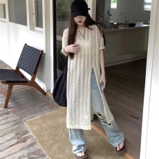 批发欧洲站时尚韩版针织镂空长衫夏季开叉设计宽松显瘦气质短袖连衣裙