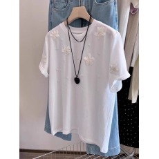 批发21支210g精梳纯棉夏季香香风立体<b class='q'>山茶花</b>刺绣钉珠短袖女甜美<b class='q'>T</b><b class='q'>恤</b>