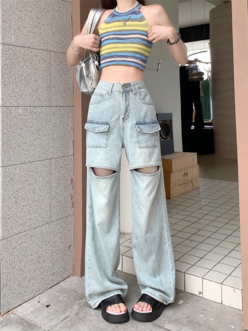 FA23716# 美式破洞牛仔裤子女夏设计感复古宽松bf慵懒风阔腿长裤 服裝批發女裝批發服飾貨源