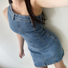 批发现 露肩不对称包臀<b class='q'>牛仔</b>修身短裙<b class='q'>连衣裙</b>
