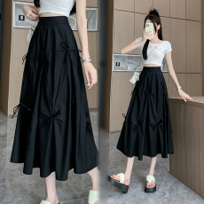 批发实拍大码女装2026胖妹妹高腰系带蝴蝶结半身裙大摆裙显瘦百搭