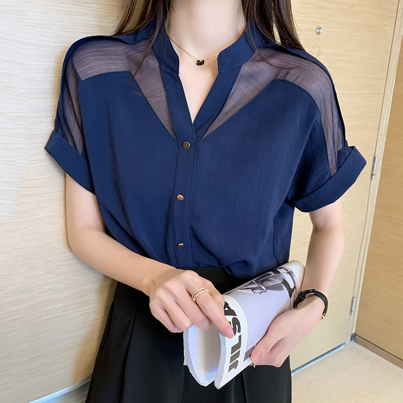 MY2307# 雪纺衬衫短袖新款夏款很仙的上衣V领宽松超仙洋气小衫女裝貨源服裝批發