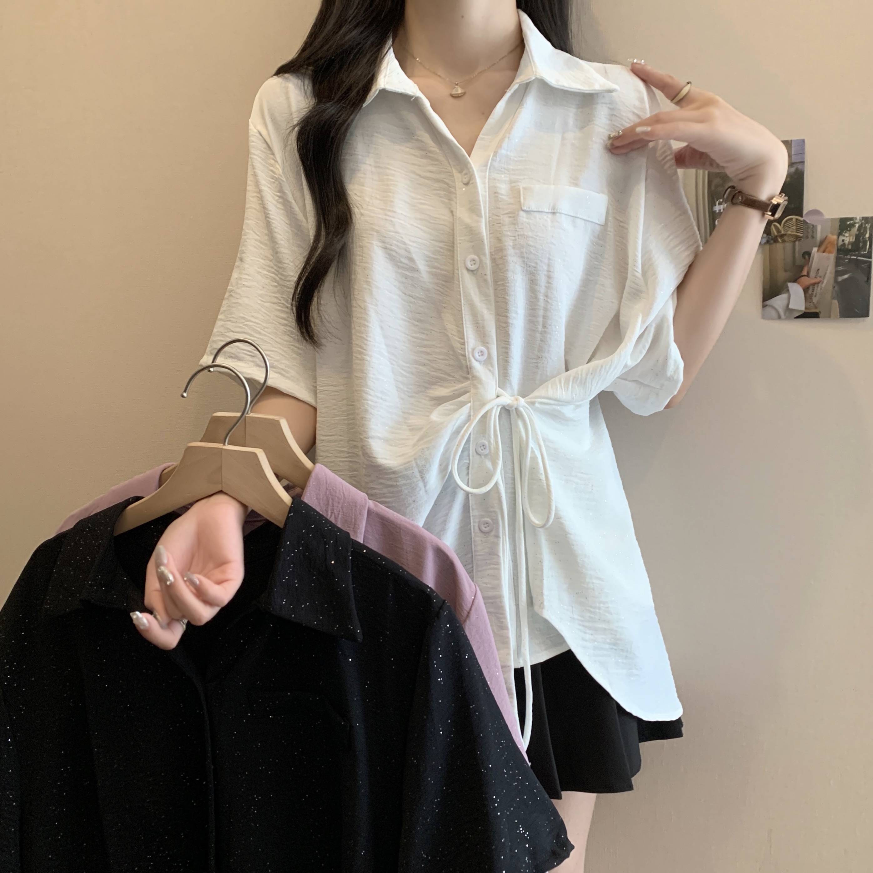RY4720# 实拍大码女装夏季新款不规则系带百搭洋气衬衫胖妹妹遮肉显瘦短袖