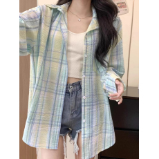 批发夏季外套韩系宽松防晒长袖<b class='q'>格子衬衫</b>慵懒设计感上衣薄荷曼波风穿搭