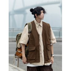 批发日系复古工装咖色无袖马甲男宽松休闲百搭慵懒无性别穿搭外套上衣