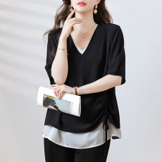 休闲百搭大码女装2026夏季新品时尚拼接假两件衬衫简约V领上衣