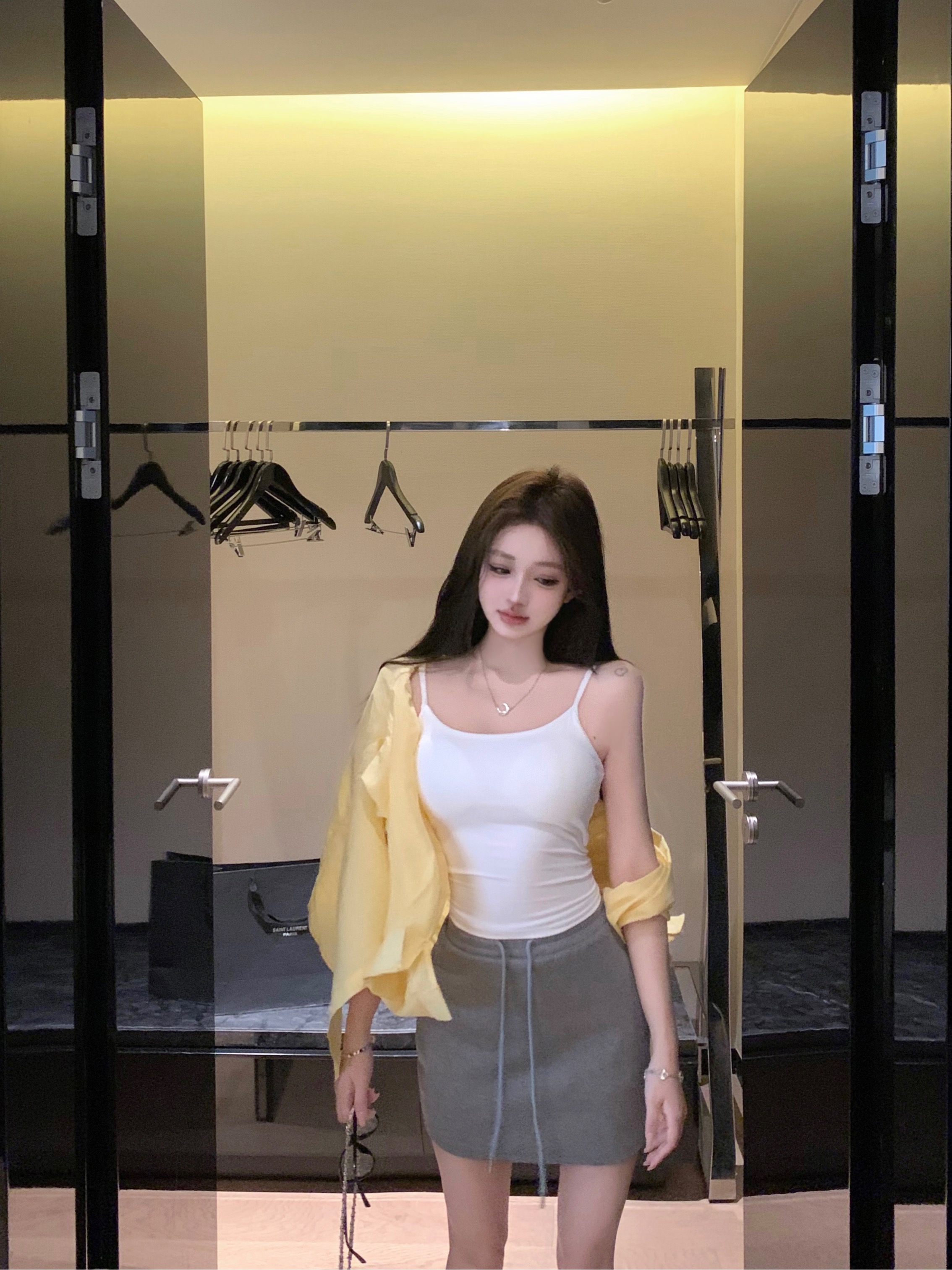 실사 여름 한 부서 캐주얼 느긋한 거위 옐로우 자외선 차단 셔츠 슬립 반신 스커트 3종 세트 세트
