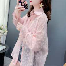 批发官图夏季2026宽松提花设计POLO领收口长袖防晒<b class='q'>衬衫</b>女