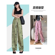 批发酸醋缎面印花阔腿裤女<b class='q'>春</b>季薄款高腰垂感冰丝凉凉裤直筒休闲防晒裤