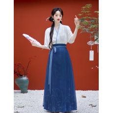 批发实拍夏季汉服交领提花缎短袖飞机袖百搭衬衣兰花大摆马面裙套装