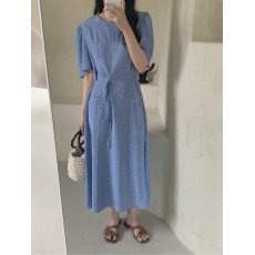 批发有货 韩国ins夏日清新小碎花抽褶绑带收腰中长款<b class='q'>连衣裙</b>
