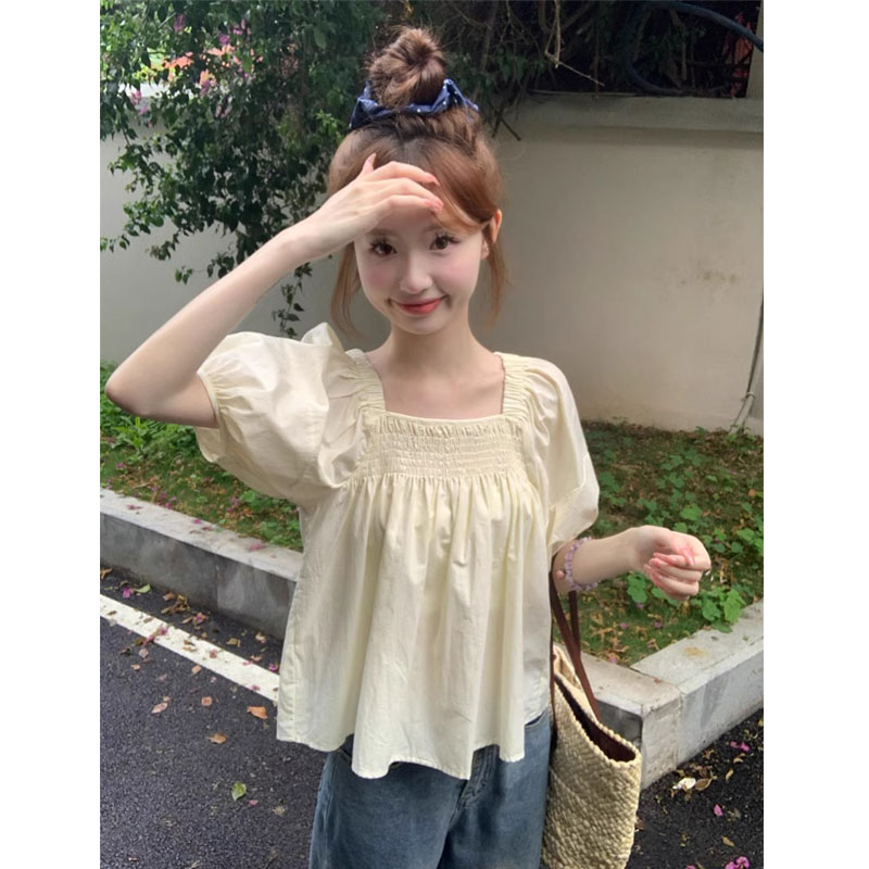 Original workmanship French loose short-sleeved top summer women's design square collar puff sleeve pink shirt