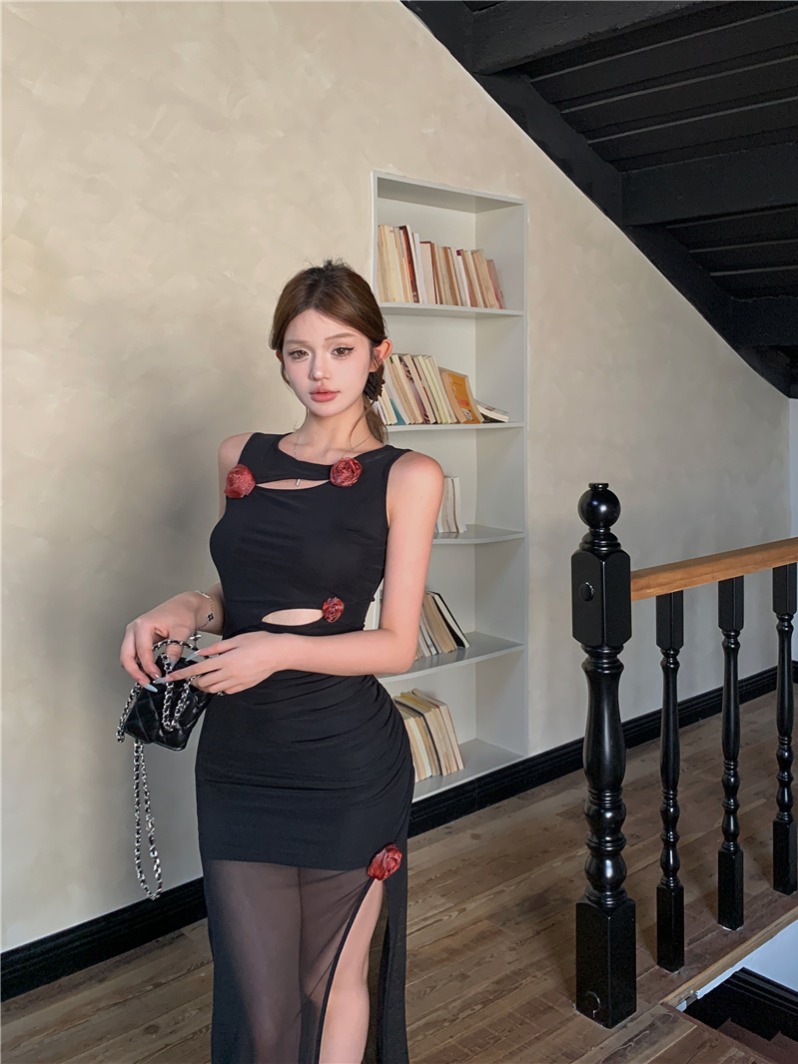 실사 검정색 핫걸 여성 드레스 여름 몸매 가꾸기 슬림해 보이는 망사 치마 고급 센스 감정 치마