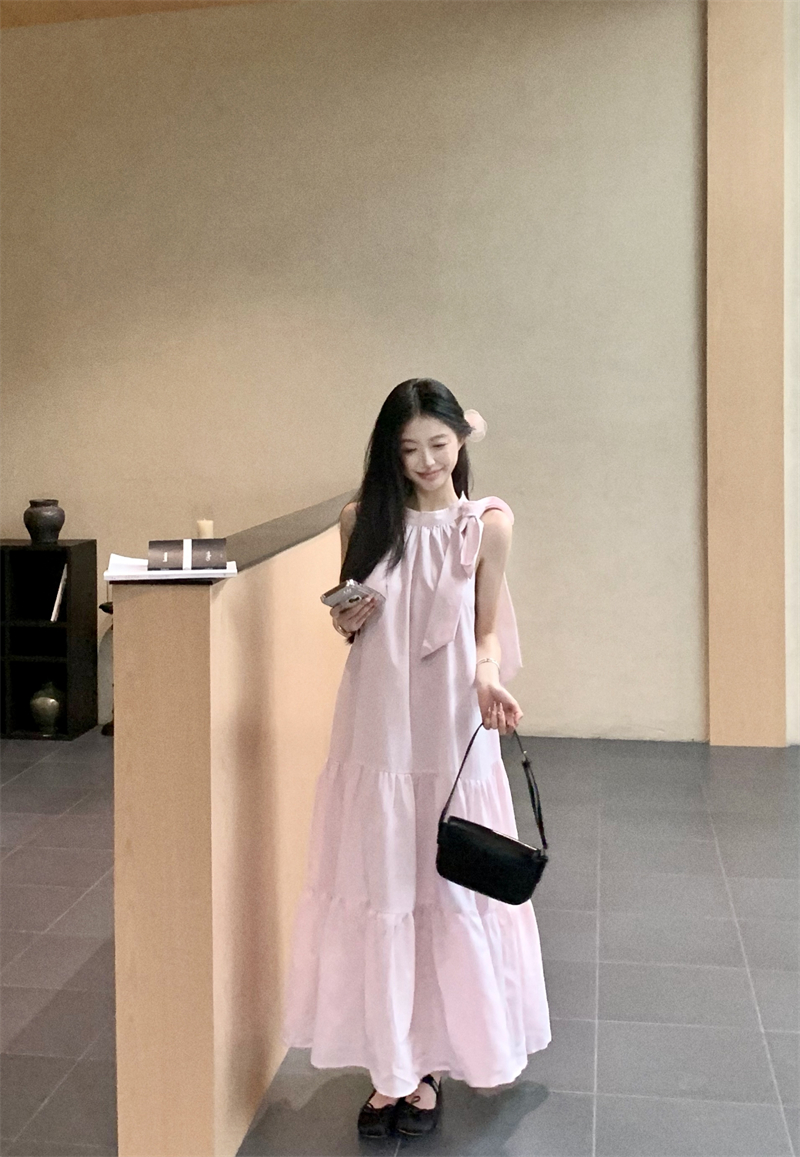 실사 새로운 고백 메시지 핑크색 부드러운 행침 목 민소매 점프 슈트 롱 스커트 여성 품격 슬림해 보이는 길다 치마