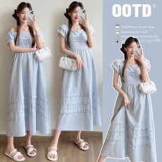 批发实拍现 2026<b class='q'>新款</b><b class='q'>孕妇装</b>夏季法式飞飞袖一字肩两穿中长裙连衣裙