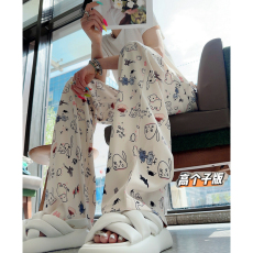 批发<b class='q'>可爱</b>猫咪印花休闲裤女夏季新款高腰显瘦慵懒垂坠感拖地裤