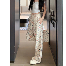 批发<b class='q'>可爱</b>猫咪印花休闲裤女夏季新款高腰显瘦慵懒垂坠感拖地裤